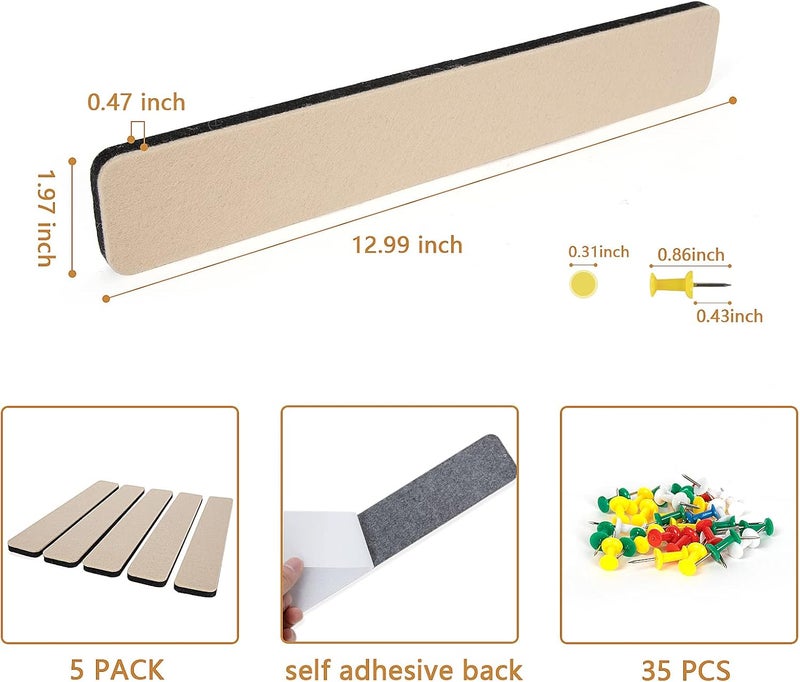 Arlasuo 5 Pack Felt Pin Board Bar Strips Bulletin Board for Bedrooms Offices Home Wall Decoration, Notice Board Self Adhesive Cork Board with 35 Push Pins for Paste Notes, Photos, Schedules (Camel) - Image 2